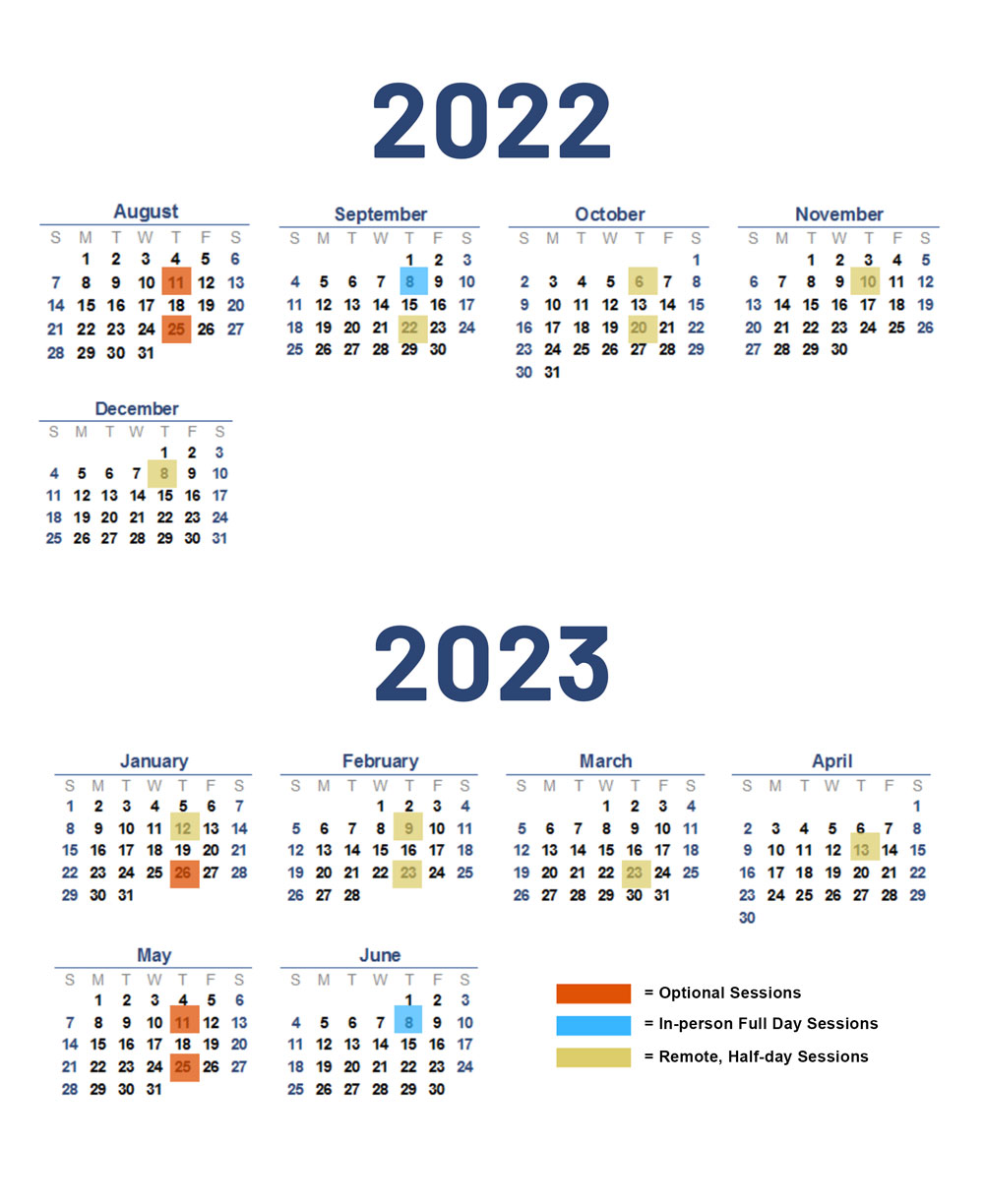 Calender showing session dates for the 2022-2023 curriculum